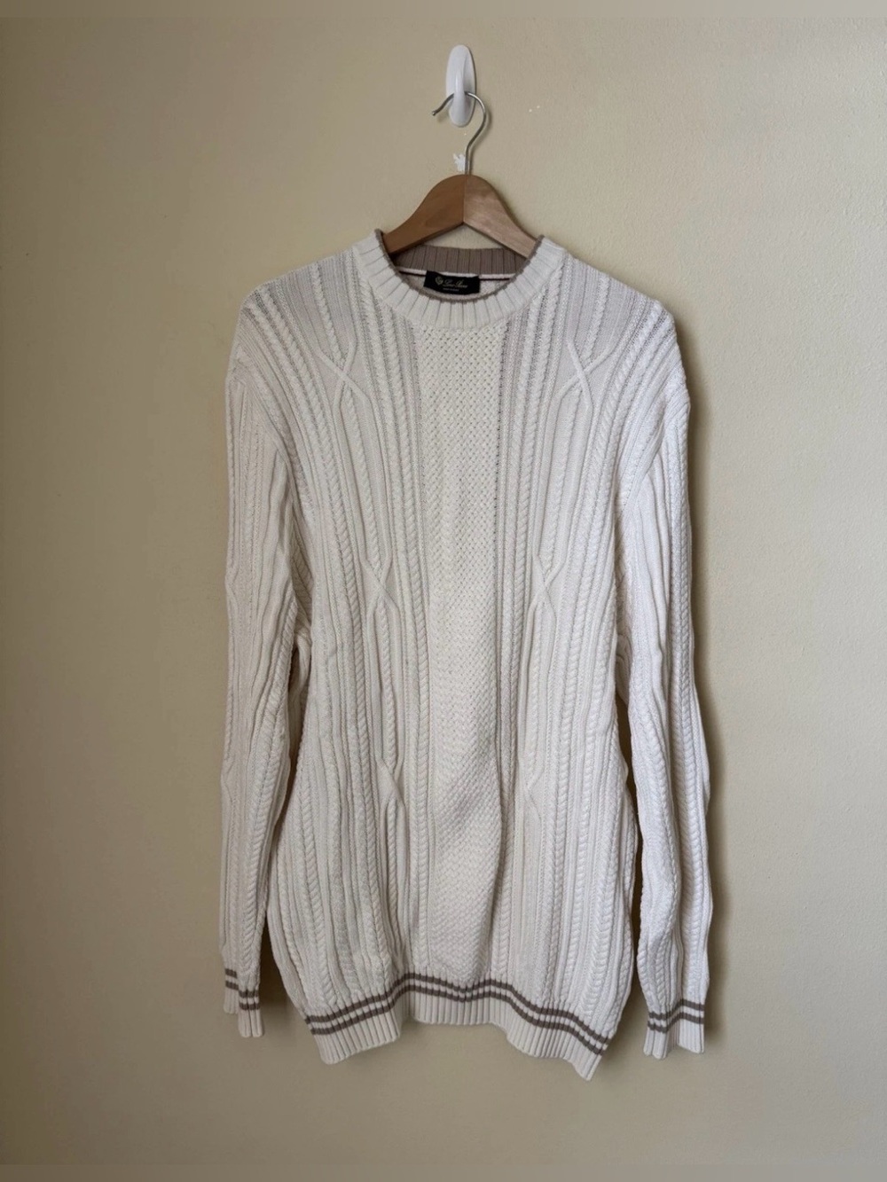 Loro Piana Slim Fit Striped Cable Knit Sweater Cotton Cashmere Blend White 56